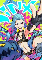 Rule 34 | 1girl, absurdres, belt, belt buckle, black gloves, blue hair, blush, buckle, bullet, bullet necklace, character name, elbow gloves, english text, explosive, eyeshadow, gloves, grenade, gun, highres, holding, holding gun, holding weapon, jewelry, jinx (league of legends), league of legends, light blue hair, makeup, navel, necklace, open mouth, pink eyes, pink eyeshadow, purple thighhighs, shell casing, signature, sketch, smile, solo, tattoo, teeth, thighhighs, twintails, very long fingernails, weapon, wosashimi
