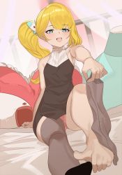 Rule 34 | :d, absurdres, bad id, bad pixiv id, bare shoulders, barefoot, black thighhighs, blonde hair, blue eyes, blush, breasts, dress, fang, highres, jin rou, unworn legwear, looking at viewer, open mouth, original, panties, pink panties, side ponytail, sitting, sleeveless, sleeveless dress, smile, solo, sweatdrop, thighhighs, underwear