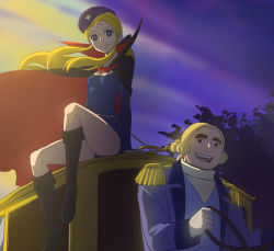 Rule 34 | 1boy, 1girl, beret, black footwear, blonde hair, blue eyes, boots, breasts, cape, character request, cleavage, epaulettes, haruyama kazunori, hat, la seine no hoshi, long hair, open mouth, simone (la seine no hoshi), sitting, small breasts, smile