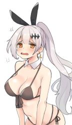 Rule 34 | 1girl, anger vein, bikini, black bikini, blush, breasts, cleavage, cowboy shot, crescent, crescent earrings, detached collar, earrings, five-seven (girls&#039; frontline), girls&#039; frontline, hair ornament, hair ribbon, jewelry, large breasts, leaning forward, long hair, multi-strapped bikini, nago purin, navel, official alternate costume, open mouth, orange eyes, ponytail, ribbon, side-tie bikini bottom, silver hair, simple background, single earring, solo, strap gap, swimsuit, twitter, very long hair, white background