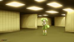 Rule 34 | 1girl, 1other, artist logo, backrooms (creepypasta), brooch, ceiling light, commentary request, evil smile, furrowed brow, green hair, green shorts, hands up, highres, indoors, jewelry, kasugai isoya, long hair, looking to the side, low ponytail, monster, neck ribbon, open mouth, pea pod, pink ribbon, puffy short sleeves, puffy shorts, puffy sleeves, raised eyebrows, ribbon, scared, shadow, shirt, shirt tucked in, shoes, short sleeves, shorts, smile, standing, suspender shorts, suspenders, tearing up, trembling, very long hair, voicevox, walking, wallpaper (object), wavy mouth, white shirt, wide shot, yellow eyes, zundamon