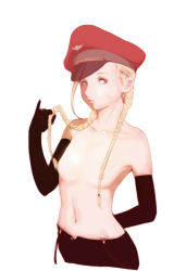 Rule 34 | 1girl, bandaid, bandaid on face, black gloves, blonde hair, braid, cammy white, capcom, censored, convenient censoring, elbow gloves, flat chest, gloves, hair censor, hair over breasts, hat, long hair, navel, okazuwa shake, peaked cap, pinky out, simple background, solo, street fighter, topless, twin braids, white background