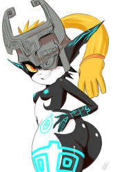 Rule 34 | 1girl, ass, breasts, curvy, from behind, hand on ass, helmet, highres, huge ass, looking at viewer, looking back, midna, nintendo, orange hair, plump, pointy ears, simple background, small breasts, solo, the legend of zelda, the legend of zelda: twilight princess, thehumancopier, thick thighs, thighs, wide hips