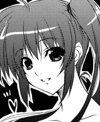 Rule 34 | 00s, 1girl, ahoge, greyscale, grin, hair tie, heart, ichino, looking at viewer, lowres, lyrical nanoha, mahou shoujo lyrical nanoha, mahou shoujo lyrical nanoha a&#039;s, mahou shoujo lyrical nanoha strikers, monochrome, profile, side ponytail, sidelocks, simple background, smile, solo, takamachi nanoha