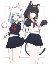 Rule 34 | 2girls, alternate costume, animal ears, animal hands, black gloves, black hair, black sailor collar, black serafuku, black shirt, black skirt, blue eyes, blue hair, blush, brown hair, cat ears, cat girl, cat tail, chain&#039;s, closed mouth, collarbone, commentary request, fang, gawr gura, gloves, gradient hair, hair ornament, hairband, highres, hololive, hololive english, kemonomimi mode, looking at viewer, midriff peek, multicolored hair, multiple girls, navel, neckerchief, ninomae ina&#039;nis, orange hairband, parted lips, paw gloves, pleated skirt, red neckerchief, sailor collar, school uniform, serafuku, shirt, short hair, silver hair, skirt, standing, streaked hair, tail, twitter username, two side up, virtual youtuber, white background, white gloves, white shirt