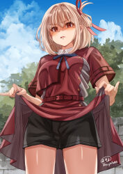 Rule 34 | 1girl, absurdres, artist name, black shorts, blonde hair, blue ribbon, blue sky, bob cut, cloud, cloudy sky, collared shirt, commentary, cowboy shot, day, dress, frown, glaring, grey dress, hair ribbon, highres, lifted by self, looking at viewer, lycoris recoil, lycoris uniform, neck ribbon, nishikigi chisato, open mouth, outdoors, pleated dress, red eyes, red ribbon, ribbon, shirt, short dress, short hair, short shorts, short sleeves, shorts, shorts under dress, signature, sky, solo, standing, twitter username, two-tone dress, yomo
