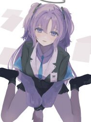 Rule 34 | 1girl, absurdres, bare legs, black jacket, black socks, blazer, blue archive, blush, breasts, commentary request, halo, highres, id card, jacket, long hair, looking at viewer, lowiz, medium breasts, multicolored clothes, multicolored jacket, own hands together, purple eyes, purple hair, sitting, socks, solo, sweatdrop, two-tone jacket, very long hair, wariza, yuuka (blue archive)