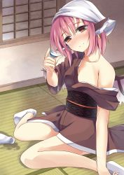 Rule 34 | 1girl, absurdres, animal ears, bandana, bare shoulders, bird wings, blush, bottle, breasts, check commentary, choko (cup), cleavage, collarbone, come hither, commentary request, cup, drunk, earrings, from side, head tilt, highres, holding, indoors, japanese clothes, jewelry, kimono, light smile, mystia lorelei, no bra, nose blush, obi, off shoulder, okamisty, on floor, pink hair, red eyes, sake bottle, sash, short hair, single earring, sitting, small breasts, smile, socks, solo, soramuko, spill, spilling, tatami, tokkuri, touhou, wariza, window, wings, yukata