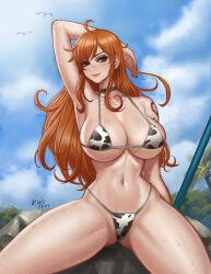 Rule 34 | 1girl, animal print, breasts, cow print, kyopink, large breasts, long hair, nami (one piece), one piece, orange hair, solo