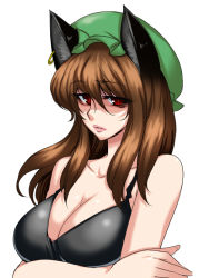 Rule 34 | 1girl, aged up, alternate hairstyle, animal ears, breasts, brown hair, cat ears, cat girl, chen, cleavage, collarbone, earrings, female focus, hat, jewelry, long hair, parted lips, red eyes, simple background, single earring, solo, tajima yuuki, touhou, upper body, white background
