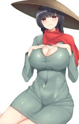 Rule 34 | 1girl, absurdres, black hair, blunt bangs, blush, braid, breasts, cleavage, cleavage cutout, closed mouth, clothing cutout, commentary request, cookie (touhou), covered navel, dress, feet out of frame, green dress, green tea (cookie), hat, highres, ikikiksgiksg, impossible clothes, impossible dress, large breasts, long hair, looking at viewer, red eyes, red scarf, rice hat, scarf, simple background, smile, solo, touhou, twin braids, white background, yatadera narumi
