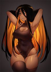 1girl armpits arms_behind_head arms_up black_hair black_hole black_sclera black_thighhighs breasts cleavage cleavage_cutout clothing_cutout colored_sclera commentary covered_erect_nipples cowboy_shot curvy dark-skinned_female dark_skin english_commentary grey_background highres iwbitu large_breasts leotard long_hair looking_at_viewer m87_black_hole multicolored_hair orange_eyes orange_hair original parted_lips personification solo teeth thick_thighs thighhighs thighs very_long_hair wide_hips