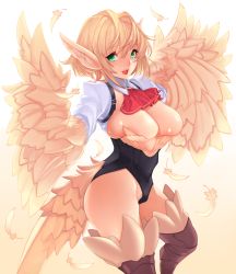 Rule 34 | 1girl, absurdres, animal ears, ascot, bird ears, bird legs, bird tail, black leotard, blonde hair, breast cutout, breast press, breasts, commentary request, feathered wings, feathers, gradient background, green eyes, harpy, highres, large breasts, leotard, medium hair, monster girl, open mouth, original, outstretched arms, red ascot, solo, tahnya, tail, white background, winged arms, wings, yellow background, yellow feathers