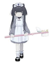 Rule 34 | 1girl, animal ears, apron, black footwear, black hair, blue apron, blue hat, blunt bangs, cat ears, closed mouth, collared dress, dress, full body, grey dress, grey eyes, hat, highres, holding, holding toothbrush, hougetsu (moon neetcat), long hair, long sleeves, looking at viewer, nurse, nurse cap, original, oversized object, puffy long sleeves, puffy sleeves, shoes, simple background, socks, solo, standing, toothbrush, translation request, white background, white socks