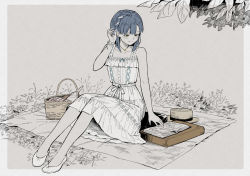 Rule 34 | 1girl, bare shoulders, blanket, blue hair, book, border, braid, butterfly necklace, collarbone, dress, flats, hand in own hair, hat, hinoshita akame, idolmaster, idolmaster million live!, jewelry, medium hair, monochrome, nanao yuriko, necklace, picnic, picnic basket, plant, reading, sitting, solo, straw hat, sundress, tied dress, wristband, yellow eyes