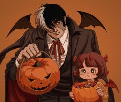 Rule 34 | 1boy, 1girl, bat wings, black coat, black hair, black jack (character), black jack (series), black jacket, blush, bow, brown hair, bucket, candy, closed mouth, coat, coat on shoulders, collared shirt, demon horns, diamond in eye, fang, food, hair between eyes, hair bow, halloween, halloween bucket, highres, holding, holding bucket, horns, jack-o&#039;-lantern, jacket, lollipop, multiple hair bows, oldkin, open mouth, orange background, pinoko, red ribbon, ribbon, shirt, short hair, simple background, smile, stitched face, stitches, white shirt, wings