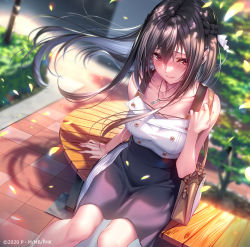 Rule 34 | 1girl, arm support, bag, bare shoulders, bench, black skirt, blurry, blurry background, blush, braid, breasts, brown bag, brown hair, closed mouth, collarbone, copyright name, day, falling petals, floating hair, from above, hair between eyes, hanikami kanojo, highres, jewelry, large breasts, light smile, long hair, looking at viewer, minazumi kasane, mole, mole on body, necklace, outdoors, petals, piromizu, red eyes, shadow, shirt, sidelocks, sitting, skirt, sleeveless, sleeveless shirt, smile, solo, two-tone skirt, watermark, white shirt, white skirt, wind