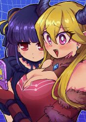 2girls black_dress black_hair blonde_hair breasts cellphone cleavage cleavage_cutout clothing_cutout demon_girl demon_horns dress duel_monster flip_phone highres holding holding_phone horns lacrima_the_crimson_tears large_breasts looking_at_phone mamama_(mamama_open) moon_of_the_closed_heaven multiple_girls phone pink_eyes red_dress red_eyes smile underworld_goddess_of_the_closed_world upper_body yu-gi-oh!