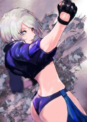 Rule 34 | 1girl, angel (kof), ass, blue eyes, clenched hand, fingerless gloves, gloves, grey hair, highres, legs, midriff, parted lips, short hair, smile, snk, solo, the king of fighters, thighs