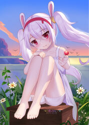 Rule 34 | 1girl, animal ears, artist name, azur lane, bare legs, barefoot, box, candy, chinese commentary, closed mouth, collarbone, commentary request, crossed bangs, dated, dress, evening, fake animal ears, feet, food, giving, giving food, hair between eyes, head tilt, highres, holding, holding candy, holding food, holding lollipop, jitome, knees up, laffey (azur lane), legs, legs together, light purple hair, lollipop, long hair, looking at viewer, no shoes, on box, outdoors, rabbit ears, red eyes, sidelocks, sitting, sitting on box, sky, smile, solo, sundress, sunset, thighs, toes, twintails, underwear, white dress, wooden box, xiao shi lullaby