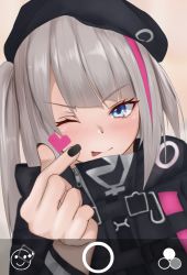 Rule 34 | 1girl, beret, black headwear, black nails, blue eyes, blush, closed mouth, girls&#039; frontline, hat, heart, heart print, highres, holding, holding phone, jacket, long hair, looking at viewer, mdr (girls&#039; frontline), multicolored hair, nail polish, one eye closed, phone, fake phone screenshot, screen, silver hair, simple background, solo focus, taishi karibe, tongue, tongue out, uniform