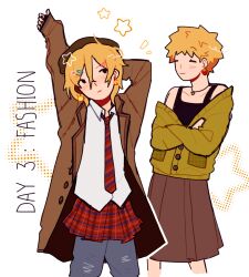 Rule 34 | 1boy, alternate costume, arm behind head, arm up, black eyes, blonde hair, brown headwear, brown jacket, brown skirt, cardigan, closed eyes, closed mouth, collared shirt, commentary, crossdressing, crossed arms, earrings, english commentary, english text, grey pants, hair ornament, hairclip, hanazawa teruki, hat, highres, jacket, jewelry, kaogens, long sleeves, male focus, mob psycho 100, multiple views, necktie, open clothes, open jacket, pants, pants under skirt, plaid, plaid skirt, red necktie, red skirt, shirt, short hair, simple background, skirt, smile, standing, star (symbol), striped necktie, white background, white shirt