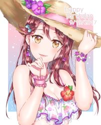 Rule 34 | 1girl, bad id, bad pixiv id, bikini, bow, breasts, brown eyes, cleavage, corsage, dated, earrings, floral print, flower, flower bracelet, frilled bikini, frills, hair bow, hand on headwear, happy birthday, hat, hat flower, highres, jewelry, kaisou (0731waka), long hair, looking at viewer, love live!, love live! school idol festival, love live! sunshine!!, necklace, parted lips, red hair, sakurauchi riko, smile, solo, straw hat, swimsuit, upper body, wristband