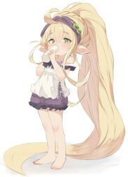 Rule 34 | 1girl, absurdly long hair, ahoge, bare shoulders, barefoot, blonde hair, blush, child, commentary request, drinking, female focus, full body, granblue fantasy, green eyes, hair between eyes, harvin, highres, legs, long hair, melissabelle, mote max, pointy ears, ponytail, simple background, solo, standing, toes, very long hair, white background