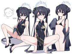 1girl bare_legs barefoot bikini black_bikini black_dress black_hair blue_archive blush bottomless breasts bun_with_braided_base chaum closed_mouth doodle_sensei_(blue_archive) double_bun dragon_print dress grey_eyes grey_halo hair_bun halo high_heels highres kisaki_(blue_archive) legs long_hair looking_at_viewer multiple_views navel pelvic_curtain print_dress sensei_(blue_archive) simple_background small_breasts spread_legs squatting swimsuit thighs tiptoes toe_cleavage toes twintails white_background