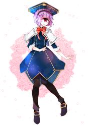 Rule 34 | 1girl, black footwear, black pants, blue dress, blue hat, blunt bangs, bow, bowtie, capelet, commentary, commission, dress, english commentary, full body, hairband, hat, highres, long sleeves, original, pants, parted lips, peachpii, purple hair, red bow, red bowtie, red eyes, shoes, smile, solo, white capelet