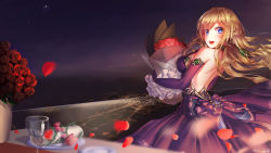 Rule 34 | 1girl, backless dress, backless outfit, blonde hair, blue eyes, breasts, dress, earrings, elbow gloves, floating hair, gloves, highres, holding, jewelry, long hair, looking at viewer, looking back, medium breasts, night, nishiro ryoujin, outdoors, petals, purple dress, purple gloves, richelieu (warship girls r), sideboob, signature, sleeveless, sleeveless dress, solo, standing, warship girls r