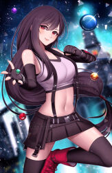 Rule 34 | belt, belt buckle, black hair, blurry, blurry background, boots, breasts, buckle, cityscape, closed mouth, detached sleeves, eyebrows, eyelashes, final fantasy, final fantasy vii, final fantasy vii remake, fingerless gloves, gloves, hair between eyes, highres, kamaniki, long hair, looking at viewer, medium breasts, navel, red eyes, skirt, sports bra, square enix, standing, standing on one leg, thighhighs, thighs, tifa lockhart, triangle, very long hair, watermark