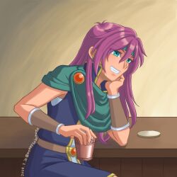 Rule 34 | 1girl, bandana, blue eyes, cape, cup, dated, earrings, faris scherwiz, final fantasy, final fantasy v, green bandana, green cape, head rest, highres, holding, holding cup, indoors, jewelry, long hair, looking up, moneysakamoto, plate, purple hair, sleeveless, smile, solo, table, teeth, twitter username, upper body, wristband