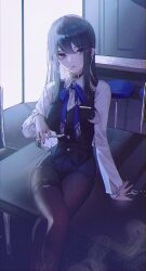 Rule 34 | 1girl, absurdres, belt collar, black hair, black pantyhose, black vest, blue bow, blue bowtie, blue eyes, bow, bowtie, chair, collar, crossed legs, domi (hongsung0819), earrings, grey nails, highres, indoors, jewelry, long sleeves, mouth hold, multiple rings, o-ring, original, pantyhose, ring, sitting, stool, table, thigh strap, vest
