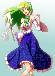 Rule 34 | 1girl, bare shoulders, breasts, detached sleeves, female focus, frog, gradient background, green eyes, green hair, hair ornament, japanese clothes, kochiya sanae, long hair, open mouth, shirono, skinny, slender, snake, solo, standing, surprised, touhou, white background