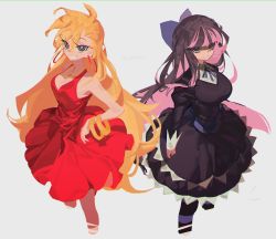 Rule 34 | 2girls, absurdres, black dress, black hair, blonde hair, bow, breasts, cleavage, clenched teeth, cropped legs, crystallakec, dress, grin, hair bow, hand on own hip, highres, juliet sleeves, large breasts, long sleeves, looking at viewer, multicolored hair, multiple girls, panty &amp; stocking with garterbelt, panty (psg), pantyhose, pink hair, puffy sleeves, red dress, siblings, simple background, sisters, sleeveless, sleeveless dress, smile, stocking (psg), striped clothes, striped legwear, striped pantyhose, teeth, thighhighs, two-tone hair, white background