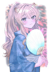 Rule 34 | 1girl, absurdres, animal ears, blue kimono, blurry, blurry background, blush, brown hair, closed mouth, commentary request, ear piercing, fireworks, grey eyes, hand fan, highres, holding, holding fan, japanese clothes, kimono, lion ears, long hair, long sleeves, looking at viewer, noripro, obi, piercing, ponytail, regrush lionheart, sash, solo, twitter username, upper body, virtual youtuber, yuri kyanon