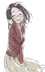 Rule 34 | 1girl, :d, ^ ^, absurdres, ahoge, black-framed eyewear, black hair, blush, breasts, brown sweater, closed eyes, commentary request, facing viewer, fudatsuki no kyouko-chan, glasses, grey skirt, hair ornament, tucking hair, hairclip, hand up, hibino haruka, highres, long hair, long sleeves, medium breasts, official art, open mouth, parted bangs, semi-rimless eyewear, simple background, skirt, sleeves past wrists, smile, solo, sweater, under-rim eyewear, white background, yamamoto souichirou