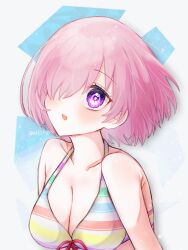 Rule 34 | 1girl, bare shoulders, bikini, bikini top only, blush, breasts, cleavage, collarbone, fate/grand order, fate (series), floating hair, front-tie bikini top, front-tie top, halterneck, harukappa, head tilt, highres, mash kyrielight, medium breasts, multicolored bikini, multicolored clothes, open mouth, pink hair, purple eyes, red ribbon, ribbon, short hair, solo, striped bikini, striped clothes, swimsuit, twitter username, upper body