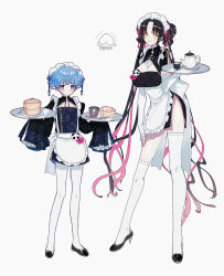 Rule 34 | 1boy, 1girl, absurdres, alternate costume, apron, black dress, black footwear, black hair, blue eyes, blue hair, blush, breasts, china dress, chinese clothes, cleavage, closed mouth, commentary, crossdressing, cup, dress, elbow gloves, enmaided, facial mark, fate/extra, fate/extra ccc, fate/grand order, fate (series), forehead tattoo, frilled apron, frills, full body, gloves, grey background, hans christian andersen (fate), high heels, highres, holding, holding tray, large breasts, long hair, looking at viewer, maid, maid apron, maid headdress, multicolored hair, name tag, pantyhose, parted bangs, pink hair, pith u, qi maid, revision, sessyoin kiara, short hair, side slit, sidelocks, simple background, sleeves past fingers, sleeves past wrists, smile, standing, streaked hair, teacup, teapot, thighhighs, translated, trap, tray, twintails, very long hair, white apron, white gloves, white headwear, white pantyhose, white thighhighs, wide sleeves, yellow eyes