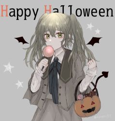 Rule 34 | 1boy, akitama2727, candy, chocolate, closed mouth, crossdressing, demon tail, demon wings, food, green eyes, green hair, grey background, grey jacket, grey skirt, hair between eyes, halloween, halloween bucket, holding, holding candy, holding food, holding lollipop, jacket, lollipop, long hair, long sleeves, looking at viewer, pinocchio (sinoalice), shirt, simple background, sinoalice, skirt, solo, star (symbol), tail, trap, twintails, white shirt, wings