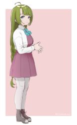 Rule 34 | 1girl, blue eyes, boots, border, bow, bowtie, braid, commentary request, cross-laced footwear, dress, fingers together, full body, green hair, grey pantyhose, halterneck, kantai collection, lace-up boots, long hair, mole, mole under mouth, pantyhose, pink background, school uniform, shirt, single braid, solo, someno haru, standing, two-tone background, very long hair, white border, white shirt, yuugumo (kancolle)