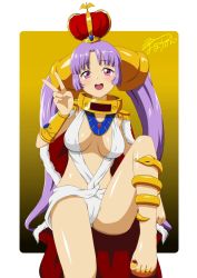 Rule 34 | 1girl, :d, anklet, bin-ko, blunt bangs, blush, breasts, breasts apart, cameltoe, cape, cleavage, collar, copyright request, covered erect nipples, crown, epaulettes, feet, fur trim, gem, gradient background, hair ornament, jewelry, knee up, kuri youkan, long hair, looking at viewer, nail polish, neck ring, necklace, no bra, open mouth, panties, parted bangs, pink eyes, purple hair, sandals, shiny skin, signature, sitting, smile, snake, solo, super bingo neo, toe ring, toenail polish, toenails, toes, twintails, underwear, v, vambraces, very long hair, wide hips, yellow background