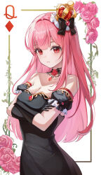 Rule 34 | 1girl, absurdres, bare shoulders, black bow, black dress, black gloves, bow, breasts, choker, cleavage, closed mouth, collarbone, copyright request, crossed arms, crown, dress, flower, flower choker, gloves, hair bow, highres, long hair, looking at viewer, medium breasts, pink flower, pink hair, pink rose, prana (prana12), queen (playing card), queen of diamonds, red eyes, rose, solo
