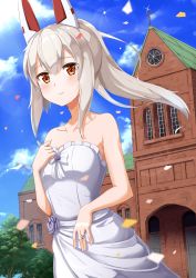 Rule 34 | 10s, 1girl, ame., animal ears, ayanami (azur lane), azur lane, bare arms, bare shoulders, blue sky, bow, church, closed eyes, cloud, collarbone, commentary request, confetti, cowboy shot, cross, day, dress, frilled dress, frills, glint, hair between eyes, high ponytail, jewelry, latin cross, long hair, looking at viewer, orange eyes, ornate ring, outdoors, ring, round window, sidelocks, sky, smile, solo, standing, strapless, strapless dress, tree, wedding dress, wedding ring, white bow, white dress, white hair, window