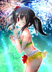 Rule 34 | 10s, 1girl, ;d, aqua nails, asakura kaoru, bangle, bikini, bikini skirt, black hair, bracelet, cowboy shot, diffraction spikes, earrings, finger gun, fireworks, flower, from side, hair flower, hair ornament, highres, jewelry, leaning forward, looking at viewer, looking to the side, love live!, love live! school idol project, nail polish, natsuiro egao de 1 2 jump!, necklace, one eye closed, open mouth, red eyes, smile, solo, sparkle, star (symbol), star earrings, swimsuit, twintails, wink, wristband, yazawa nico