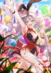 Rule 34 | 1girl, :d, absurdres, alternate costume, animal ears, arm up, armpits, bird, black footwear, black leotard, blue eyes, bow, bowtie, castle, chick, cowboy shot, curly hair, detached collar, easter, easter egg, egg, fake animal ears, fate/grand order, fate (series), fishnet pantyhose, fishnets, grey hair, hair bow, happy, high heels, highres, huge filesize, leotard, long hair, looking at viewer, marie antoinette (fate), open mouth, pantyhose, playboy bunny, rabbit ears, red bow, red vest, smile, solo, totomiya, twintails, vest, white bow