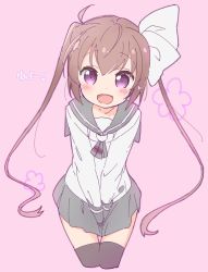 Rule 34 | 1girl, :d, between legs, black thighhighs, blush, bow, brown hair, cropped legs, fang, floral background, grey sailor collar, grey skirt, hair between eyes, hair bow, hand between legs, jigatei (omijin), long hair, long sleeves, looking at viewer, momochi tamate, open mouth, pink background, pleated skirt, purple eyes, sailor collar, shirt, skirt, slow start, smile, solo, thighhighs, translation request, twintails, very long hair, white bow, white shirt