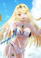 Rule 34 | 1girl, :d, bikini, blonde hair, breasts, chest jewel, cleavage, cowboy shot, day, highres, hose, large breasts, long hair, mythra (xenoblade), navel, nayuta-kanata, nintendo, one eye closed, open mouth, outdoors, sky, smile, solo, strapless, strapless bikini, swimsuit, thigh strap, water, white bikini, xenoblade chronicles (series), xenoblade chronicles 2, xenoblade chronicles (series), xenoblade chronicles 2, yellow eyes