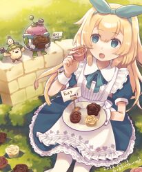 Rule 34 | 1girl, 3others, alice (alice in wonderland), alice in wonderland, blonde hair, blue dress, blue eyes, blush, brick wall, cupcake, dress, eating, food, greenthumb el, hat, highres, long hair, looking at another, multiple others, mushroom, on grass, on ground, original, wall